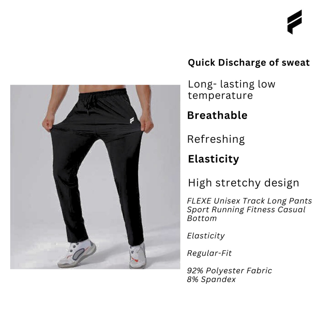 FLEXE- Unisex Track Long Pants Dri Fit Premium Bottom Fitness Training Gym Running with Zip Pocket Casual Tracksuit