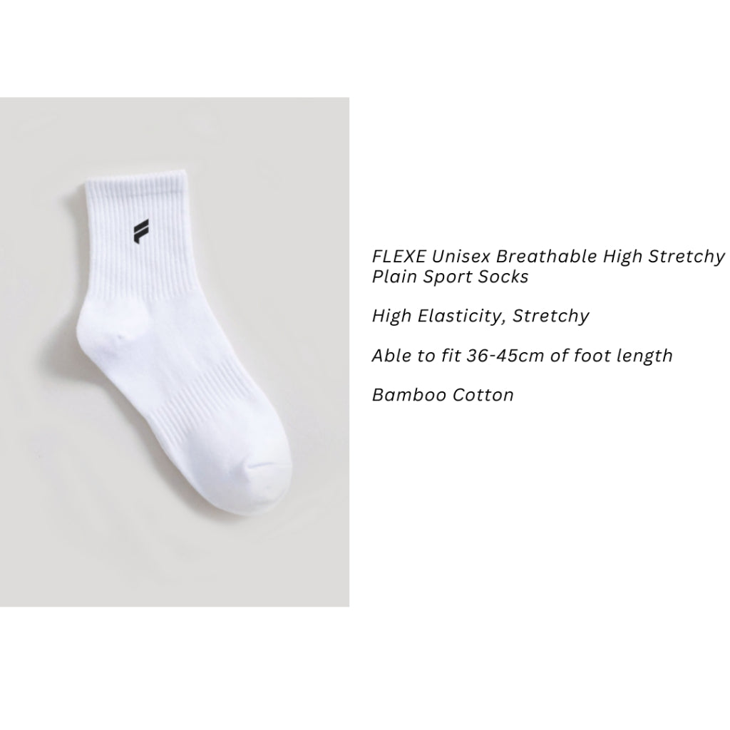 FLEXE- Unisex Breathable High Stretchy Cotton Athletic White Plain Sport Socks