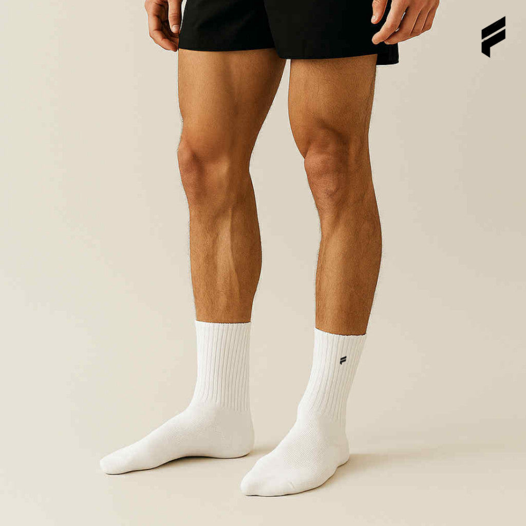 FLEXE- Unisex Embroidered Logo Premium Cotton Crew Socks Breathable High Stretchy Athletic White Plain Sport Socks