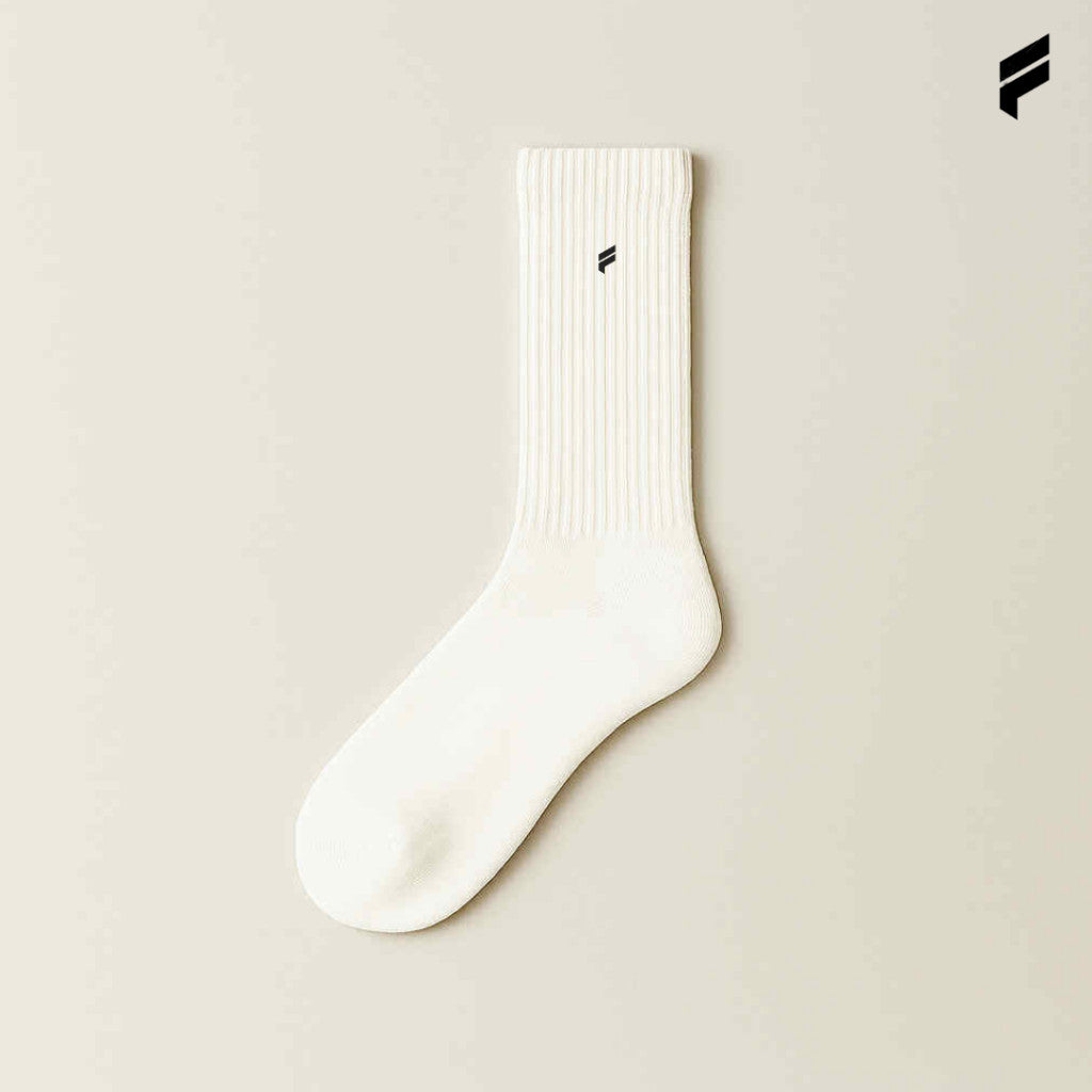 FLEXE- Unisex Embroidered Logo Premium Cotton Crew Socks Breathable High Stretchy Athletic White Plain Sport Socks