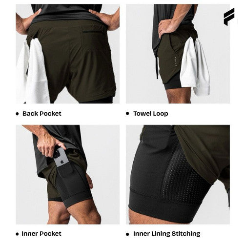 FLEXE- Men DriFit Premium Running 2 in 1 Shorts Fitness Training With Lining Pocket Double Layer Shorts
