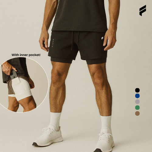 FLEXE- Men DriFit Premium Running 2 in 1 Shorts Fitness Training With Lining Pocket Double Layer Shorts